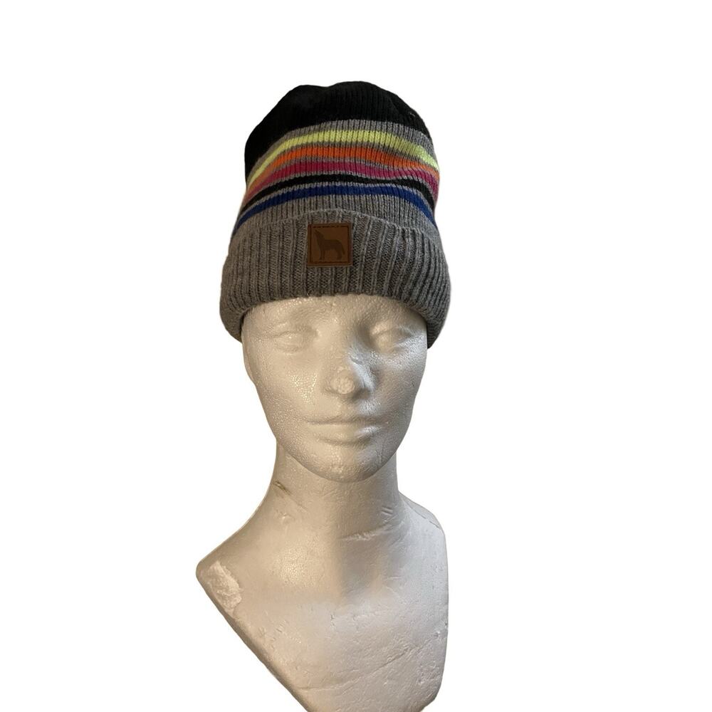 Wonder Nation Knit Beanie Hat Striped Rainbow Cuff Logo Patch Lined Gray Black